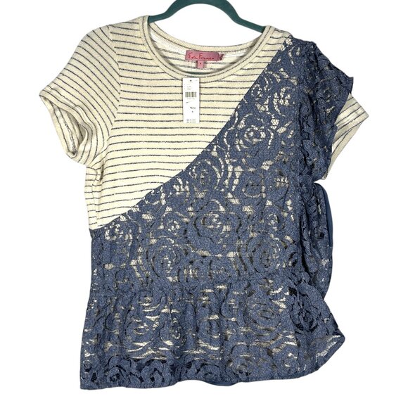 Eva Franco Womens Knit Top Sz 6 Ivory Striped Lace Overlay Bohemian Artsy Indie - Picture 1 of 7